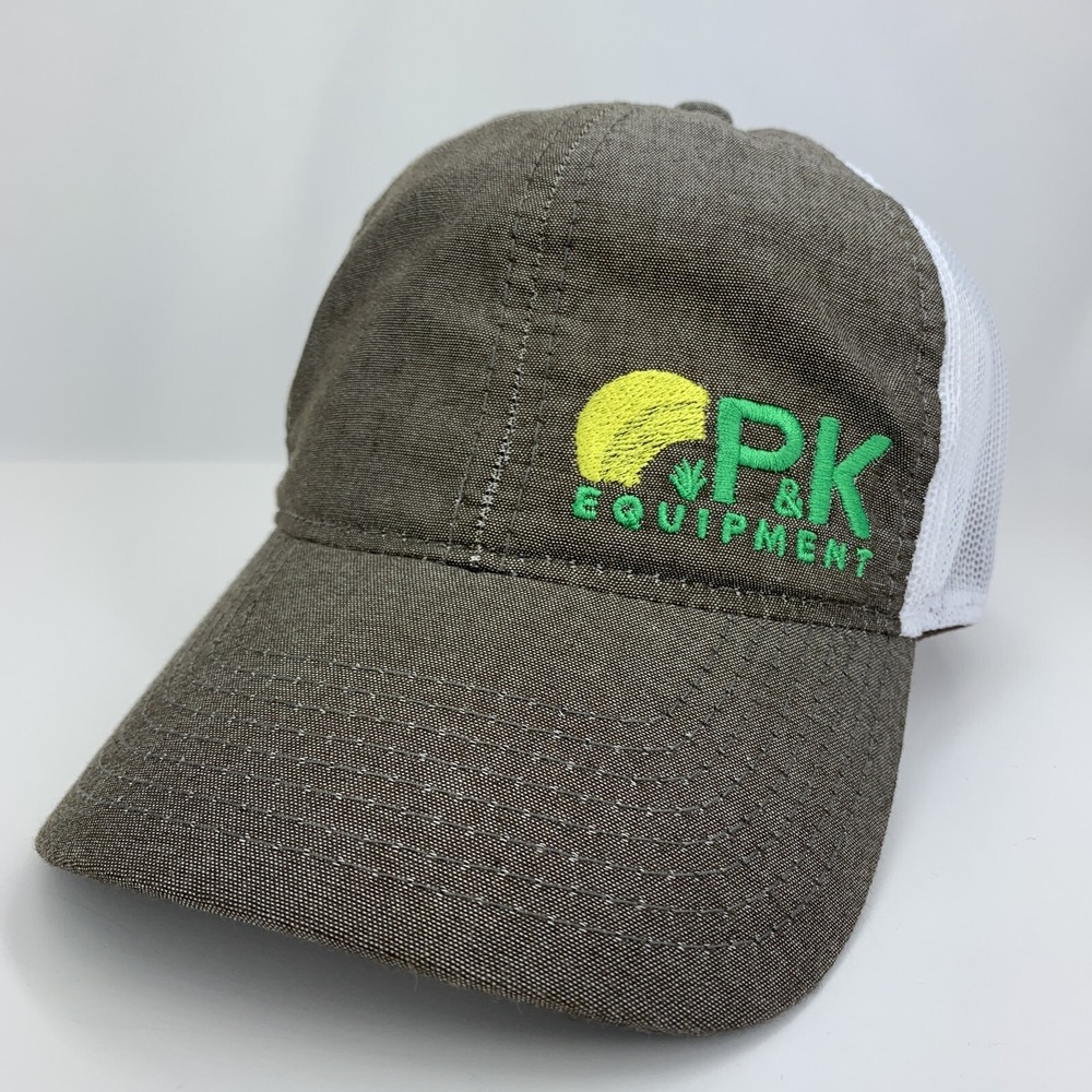 P&K Equipment Hat Gray White Adjustable OSFM Mesh Back Baseball Cap Farm Ranch